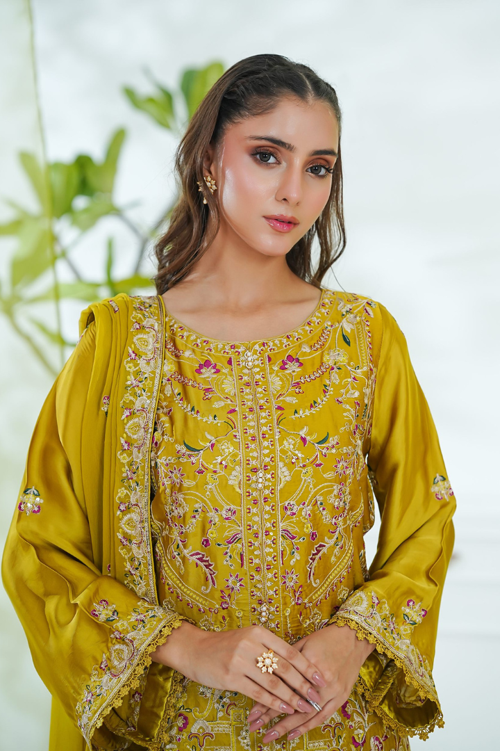 Shaanse Mehroo Cotton Silk 3PCS Ready to Wear Collection Jan-26 | Mustard