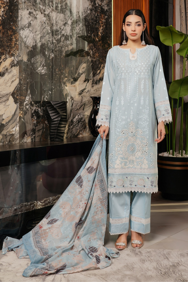 Shaanse Pehlinazar Cotton 3PCS Ready to Wear Collection Dec-2025 | Sky Blue