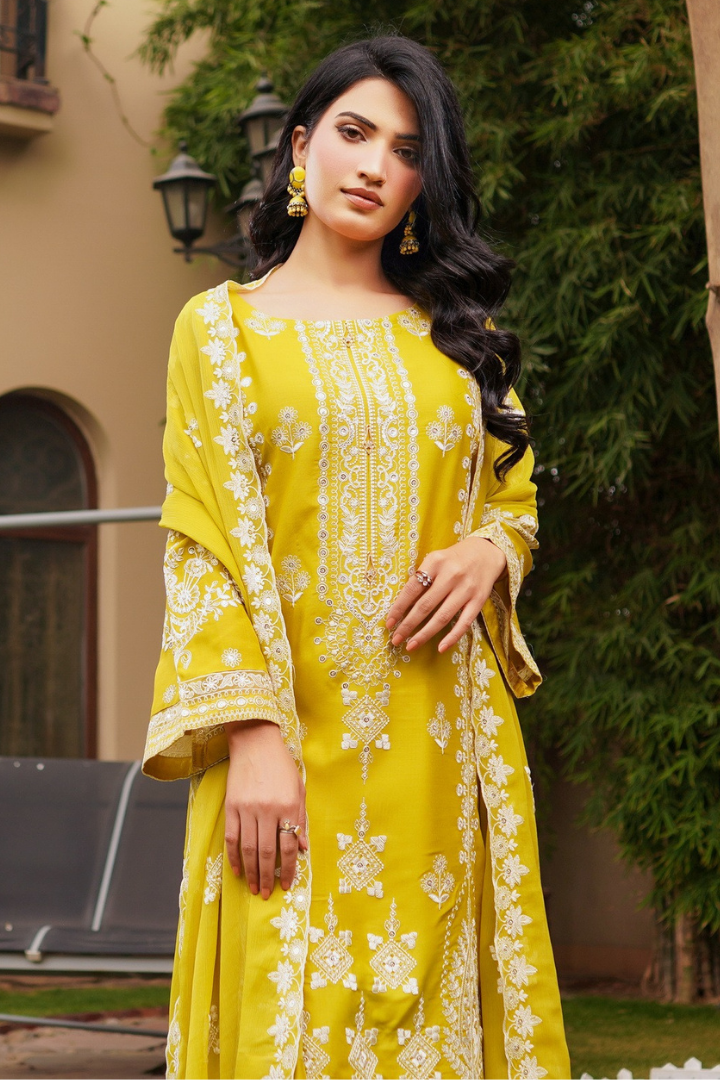 Shaanse Cyra Vol-2 Cotton Silk 3PCS Ready to Wear Collection Jan-26 | Yellow - Mirha Fashion