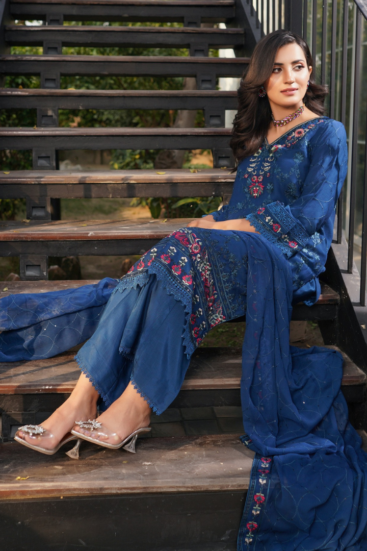 Aghanoor Dhaagakari Chiffon 3PCS Ready to Wear Collection | Blue