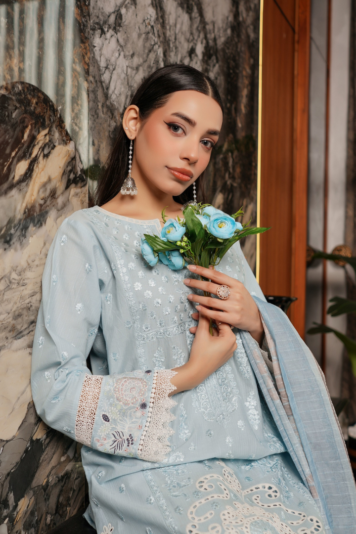 Shaanse Pehlinazar Cotton 3PCS Ready to Wear Collection Dec-2025 | Sky Blue