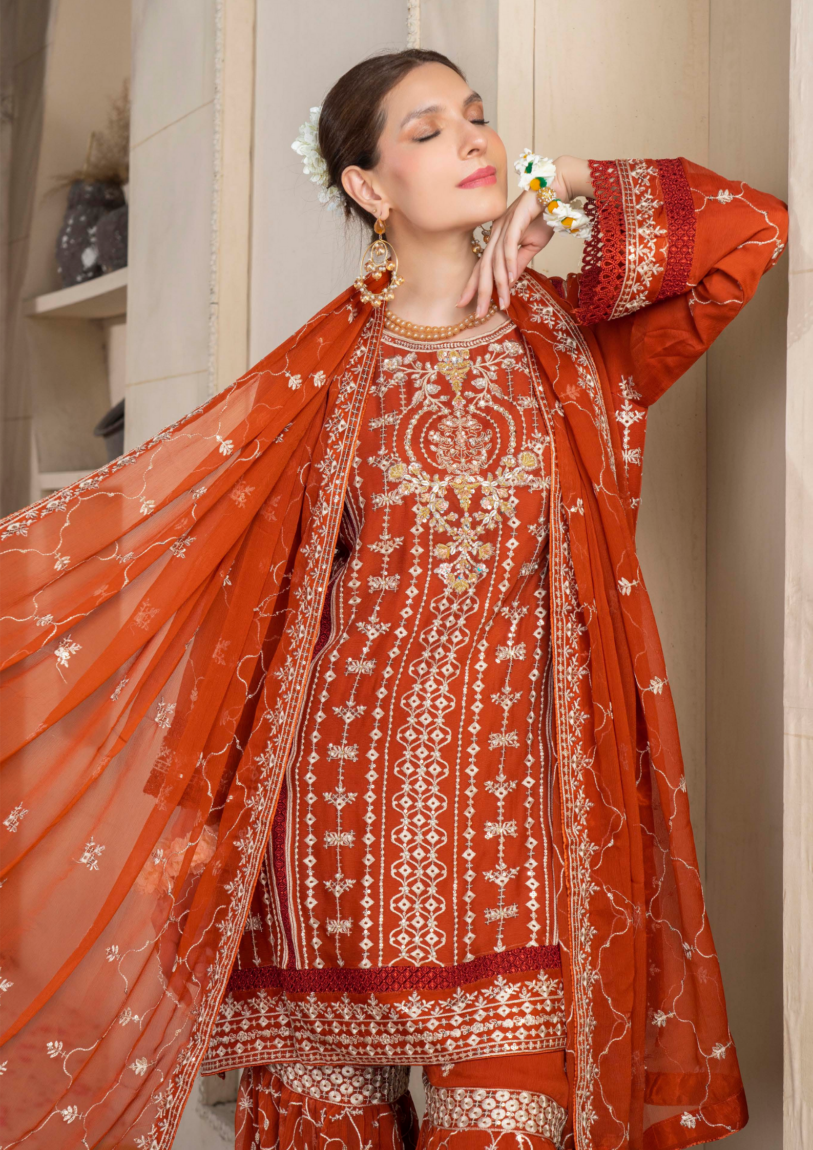 Agha Noor Chiffon Gharara Roshni Ready to Wear Collection 2025 D08 | Rust