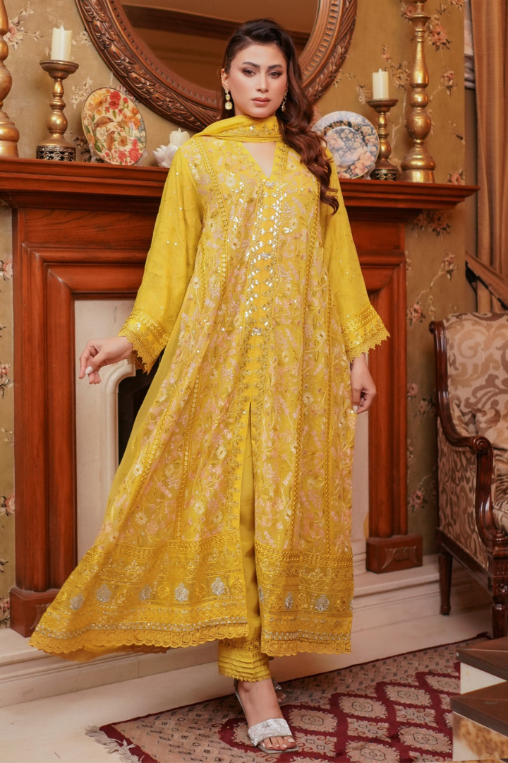 Aghanoor Afsanaay Chiffon Gown 3PCS Ready to Wear Collection | Yellow