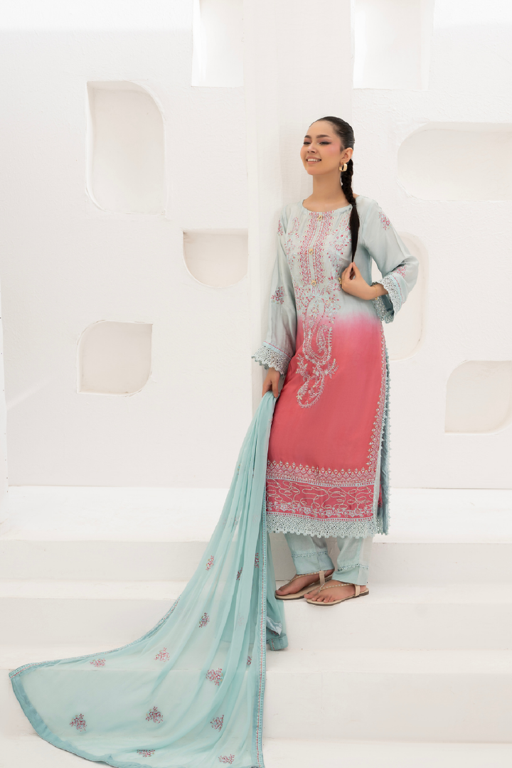 Shaanse Luxury Ombre Silk Ready to Wear Collection 2026 | Sky Blue Pink