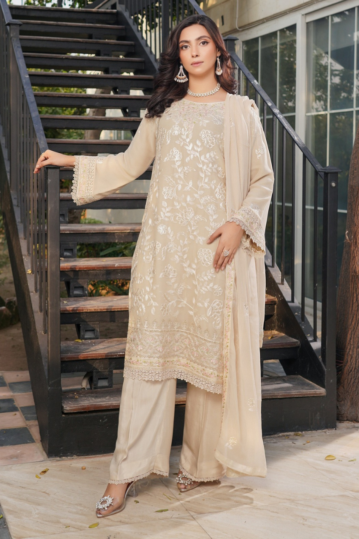 Aghanoor Dhaagakari Chiffon 3PCS Ready to Wear Collection | Beige