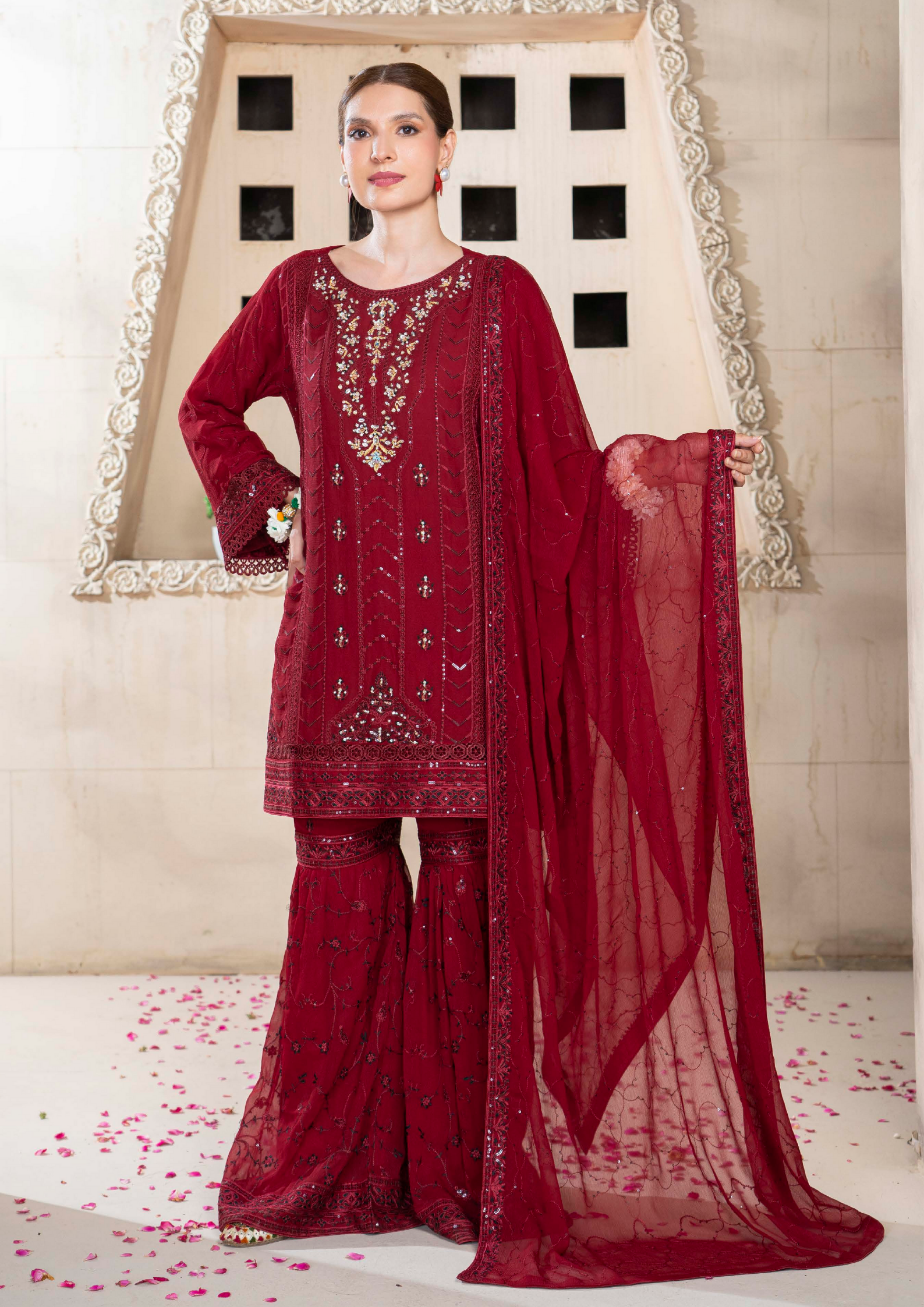 Agha Noor Chiffon Gharara Roshni Ready to Wear Collection 2025 D02 | Red