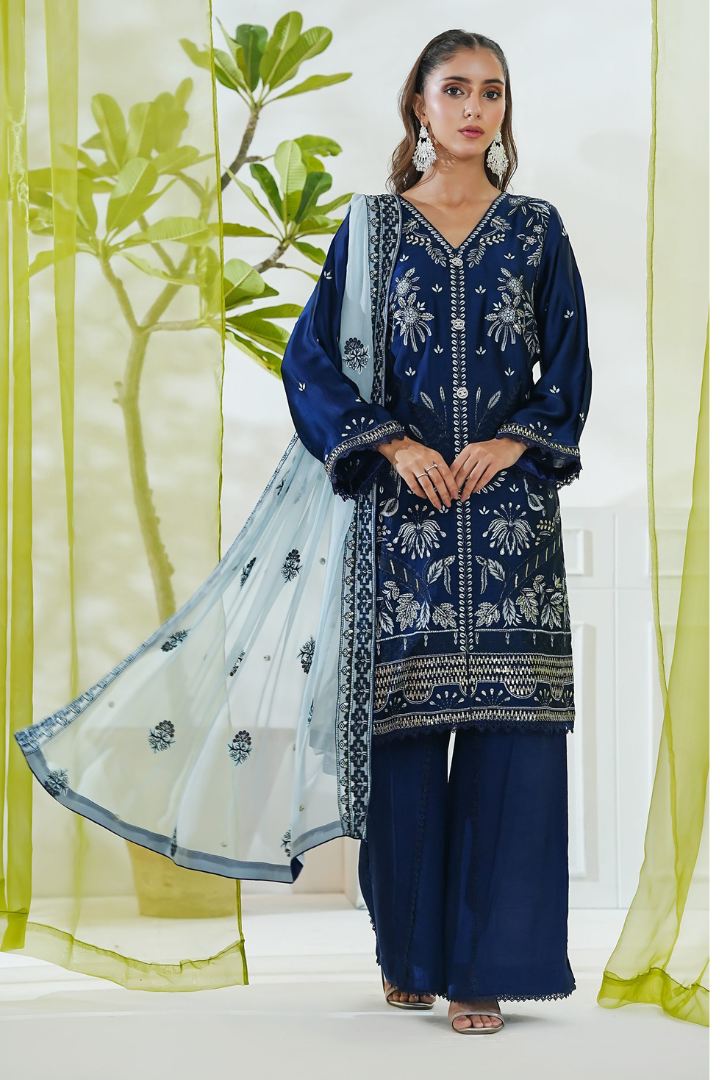 Shaanse Mehroo Cotton Silk 3PCS Ready to Wear Collection Jan-26 | Blue