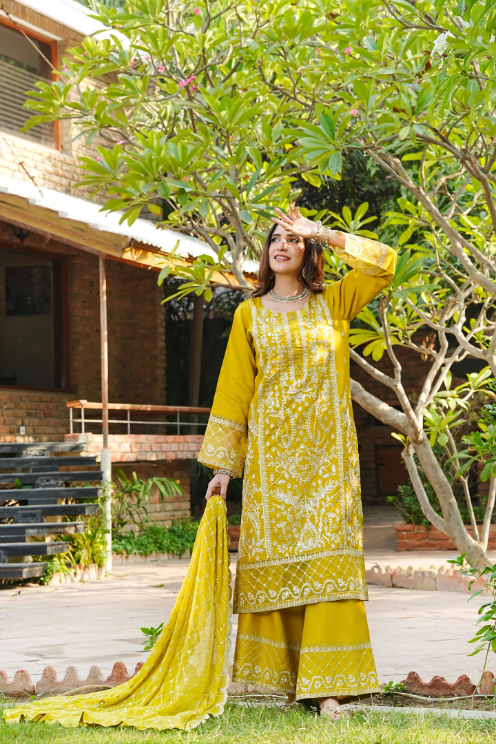 Shaanse Cyra Cotton Silk 3PCS Ready to Wear Collection Dec-2025 | Yellow