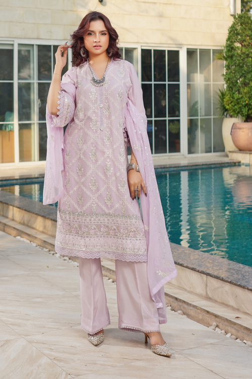 Aghanoor Dhaagakari Chiffon 3PCS Ready to Wear Collection | Lavender - Mirha Fashion