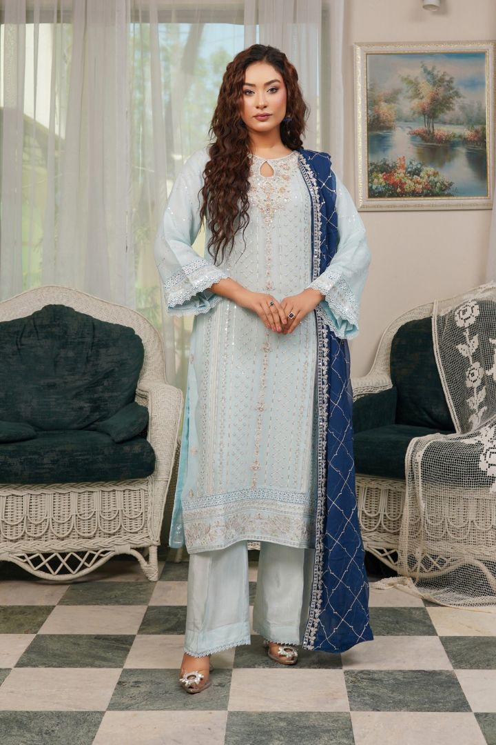 Agha Noor Qurbat Chiffon Handwork Ready to Wear Collection 2026 | Sky blue - Mirha Fashion