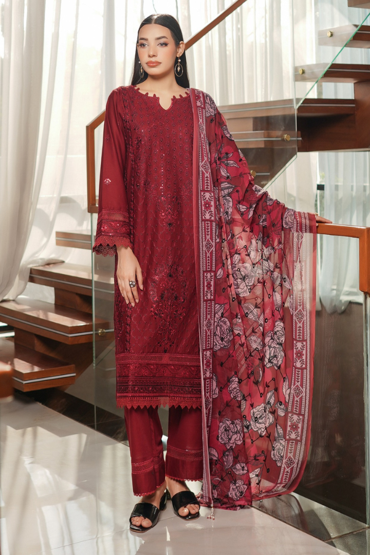Shaanse Pehlinazar Cotton 3PCS Ready to Wear Collection | Maroon