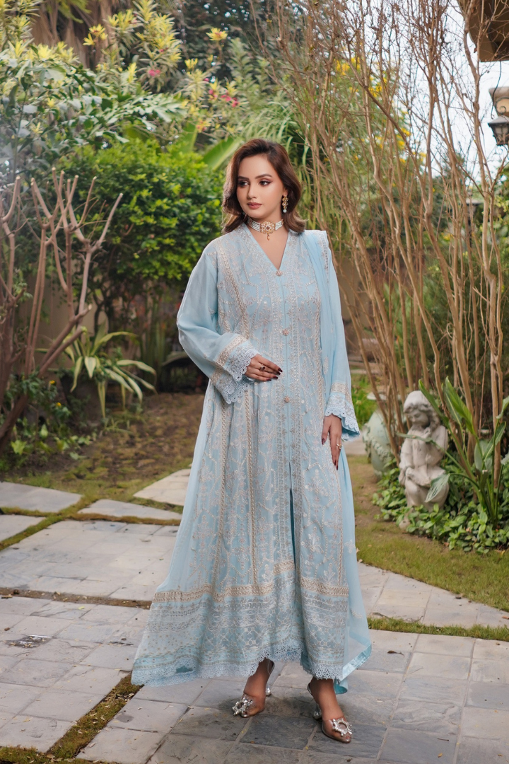 Aghanoor Afsanaay Chiffon Gown 3PCS Ready to Wear Collection | Sky Blue