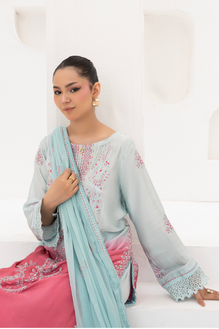 Shaanse Luxury Ombre Silk Ready to Wear Collection 2026 | Sky Blue Pink