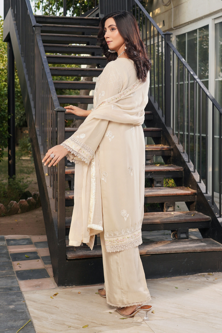 Aghanoor Dhaagakari Chiffon 3PCS Ready to Wear Collection | Beige