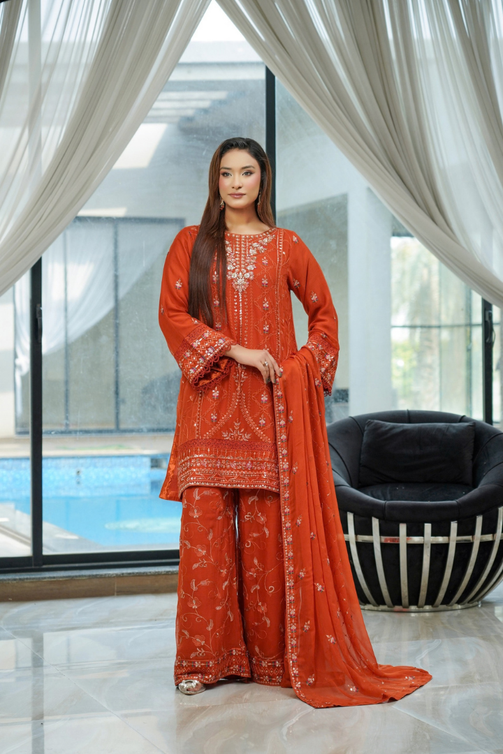 Agha Noor Shein Chiffon Ready to Wear Collection 2026 | Rust