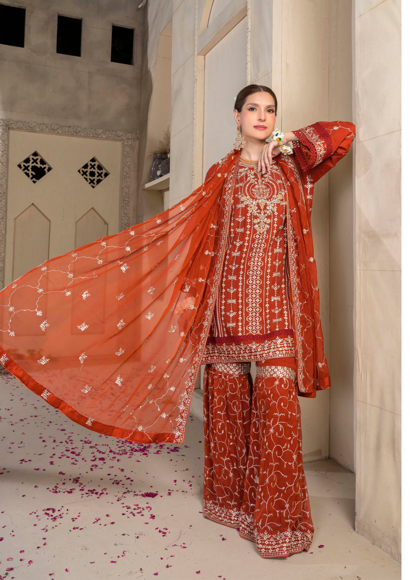 Agha Noor Chiffon Gharara Roshni Ready to Wear Collection 2025 D08 | Rust