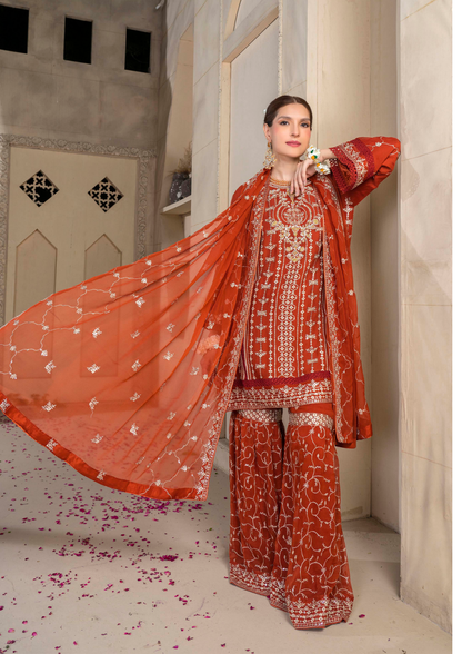 Agha Noor Chiffon Gharara Roshni Ready to Wear Collection 2025 D08 | Rust