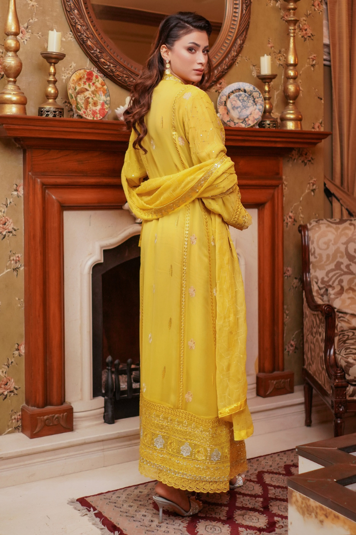 Aghanoor Afsanaay Chiffon Gown 3PCS Ready to Wear Collection | Yellow