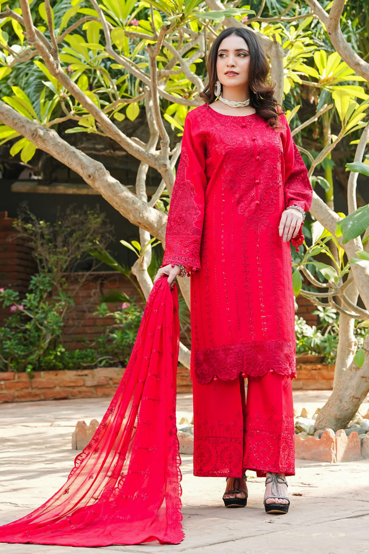 Shaanse Cyra Cotton Silk 3PCS Ready to Wear Collection Dec-2025 | Red