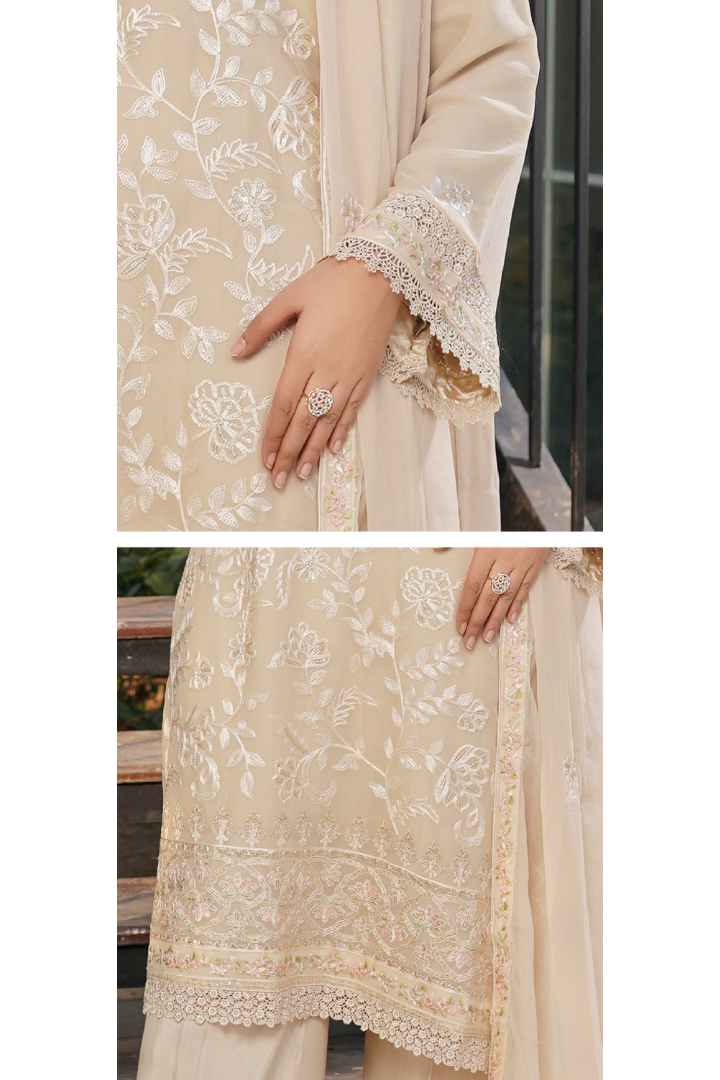 Aghanoor Dhaagakari Chiffon 3PCS Ready to Wear Collection | Beige