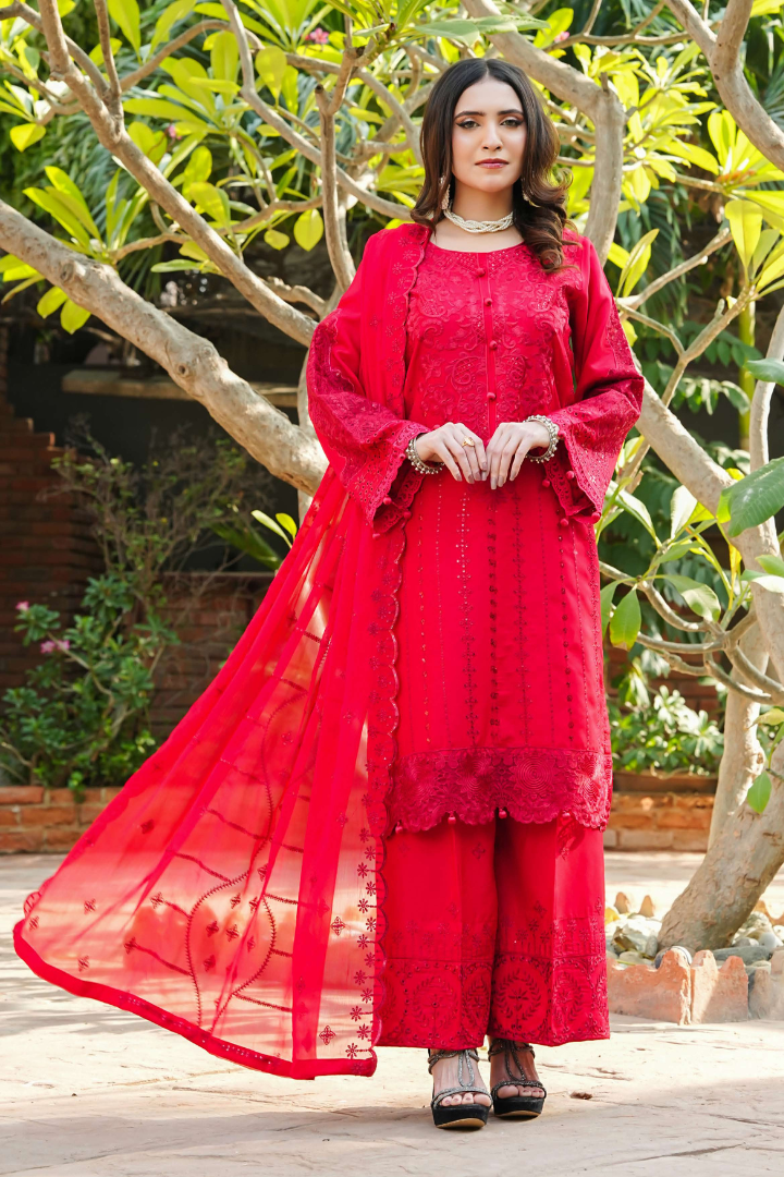 Shaanse Cyra Cotton Silk 3PCS Ready to Wear Collection Dec-2025 | Red - Mirha Fashion