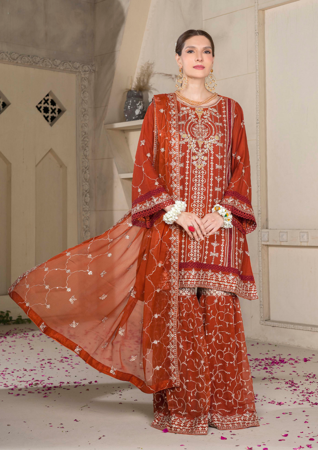Agha Noor Chiffon Gharara Roshni Ready to Wear Collection 2025 D08 | Rust