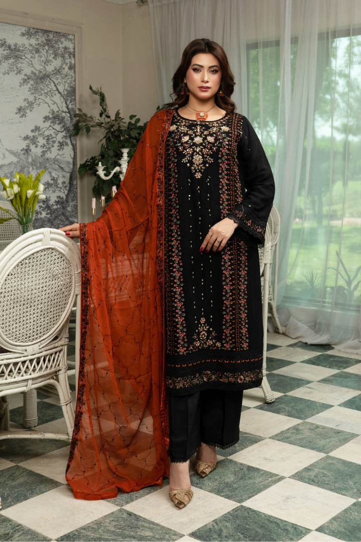 Agha Noor Qurbat Chiffon Handwork Ready to Wear Collection 2026 | Black - Mirha Fashion