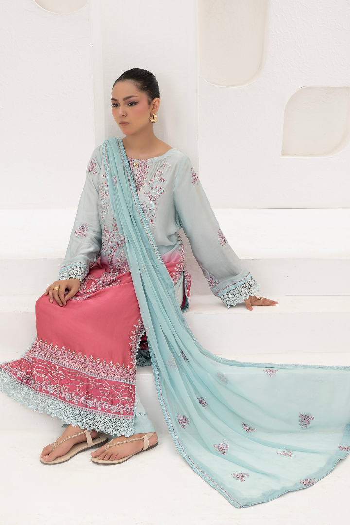 Shaanse Luxury Ombre Silk Ready to Wear Collection 2026 | Sky Blue Pink