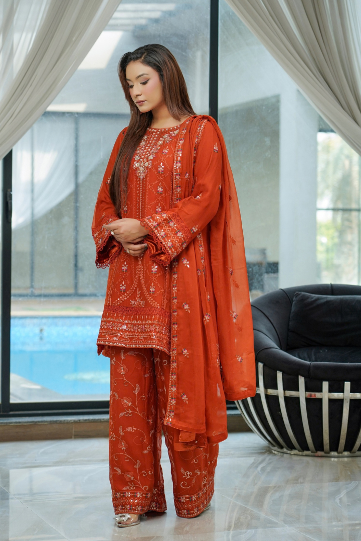 Agha Noor Shein Chiffon Ready to Wear Collection 2026 | Rust