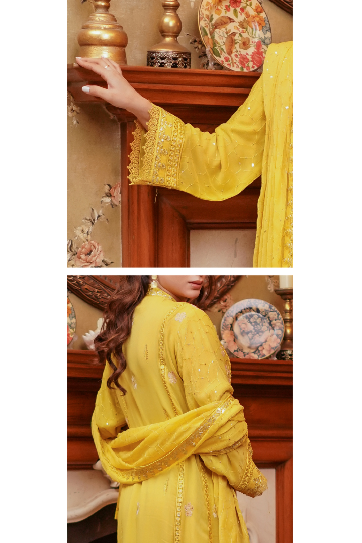 Aghanoor Afsanaay Chiffon Gown 3PCS Ready to Wear Collection | Yellow