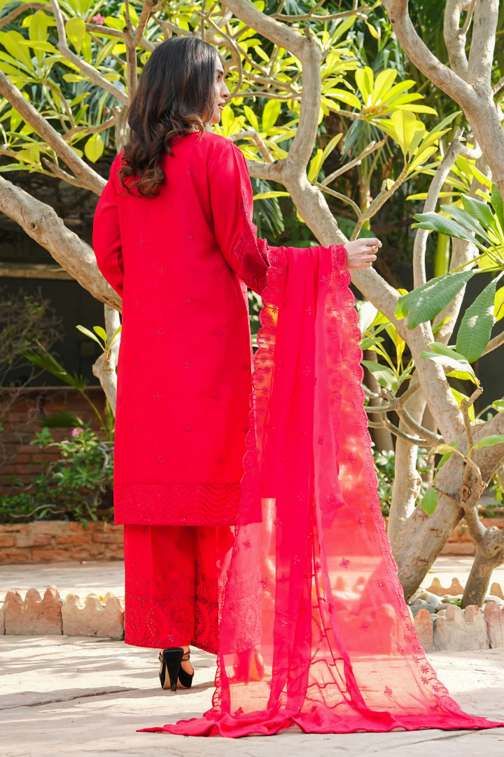Shaanse Cyra Cotton Silk 3PCS Ready to Wear Collection Dec-2025 | Red - Mirha Fashion