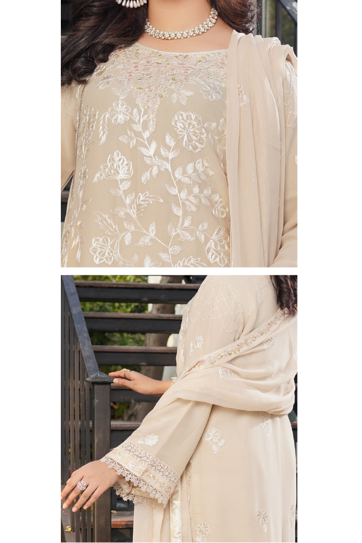 Aghanoor Dhaagakari Chiffon 3PCS Ready to Wear Collection | Beige