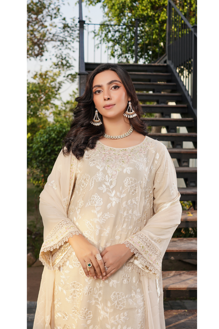Aghanoor Dhaagakari Chiffon 3PCS Ready to Wear Collection | Beige