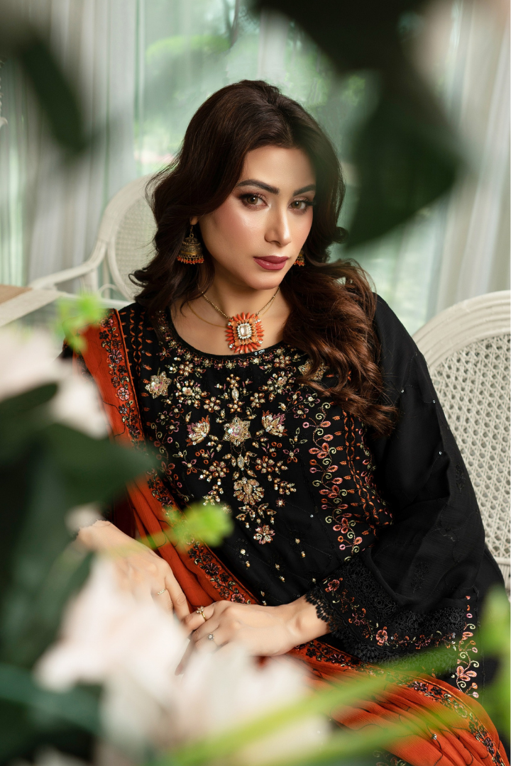 Agha Noor Qurbat Chiffon Handwork Ready to Wear Collection 2026 | Black - Mirha Fashion
