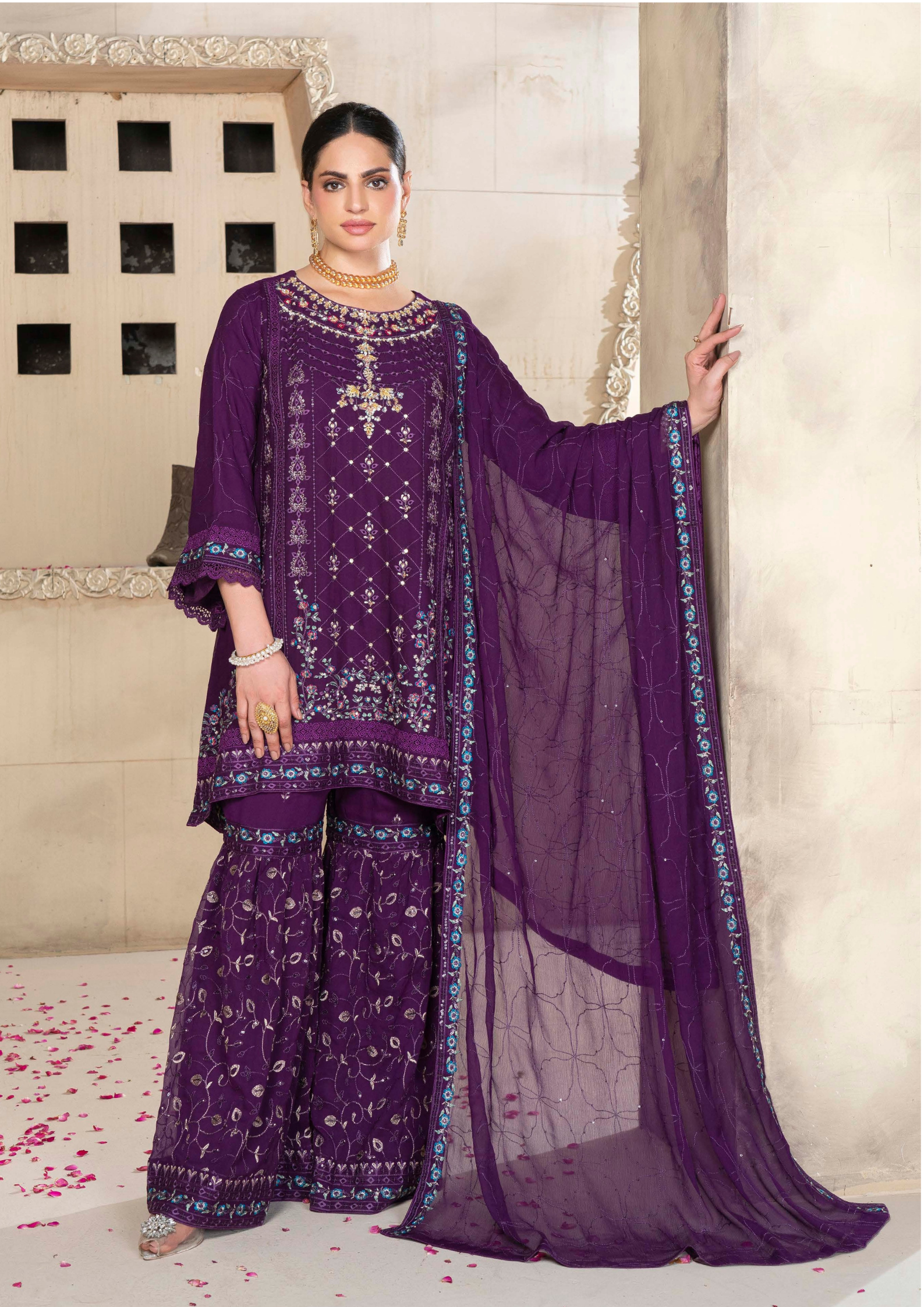Agha Noor Chiffon Gharara Roshni Ready to Wear Collection 2025 D06 | Purple