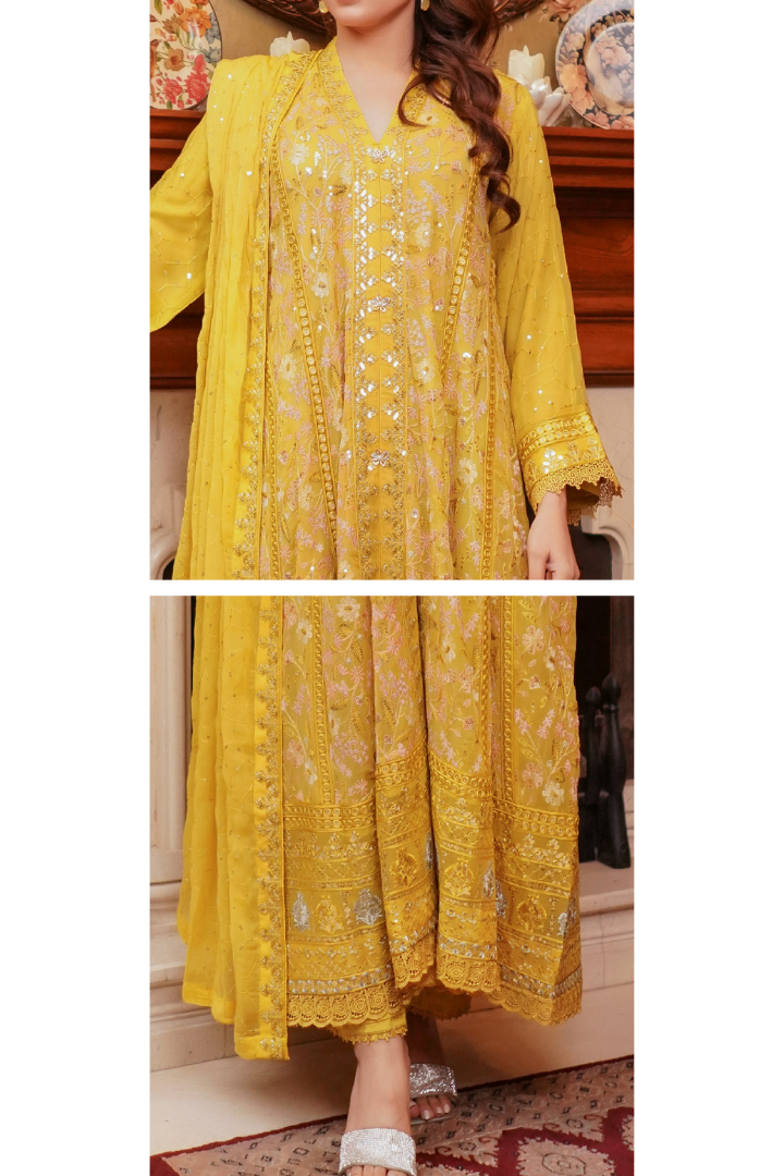 Aghanoor Afsanaay Chiffon Gown 3PCS Ready to Wear Collection | Yellow
