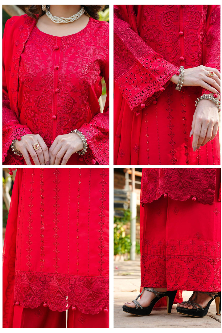 Shaanse Cyra Cotton Silk 3PCS Ready to Wear Collection Dec-2025 | Red - Mirha Fashion