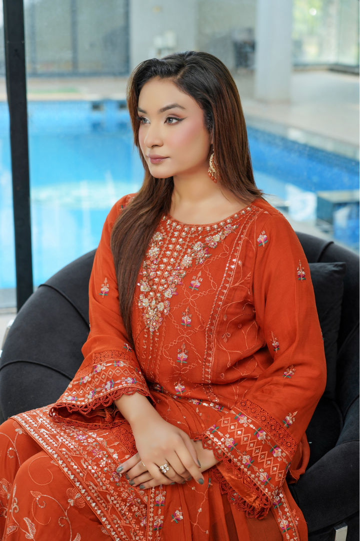 Agha Noor Shein Chiffon Ready to Wear Collection 2026 | Rust