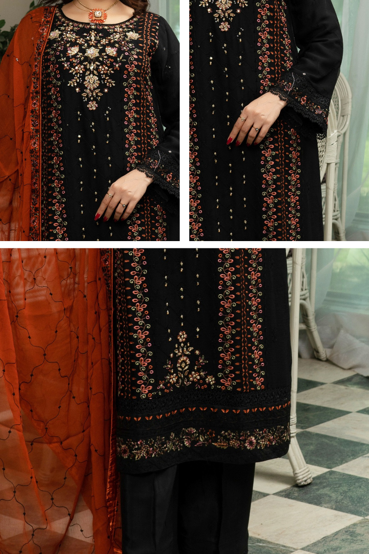 Agha Noor Qurbat Chiffon Handwork Ready to Wear Collection 2026 | Black - Mirha Fashion