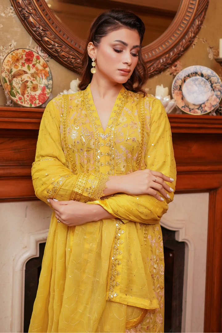Aghanoor Afsanaay Chiffon Gown 3PCS Ready to Wear Collection | Yellow