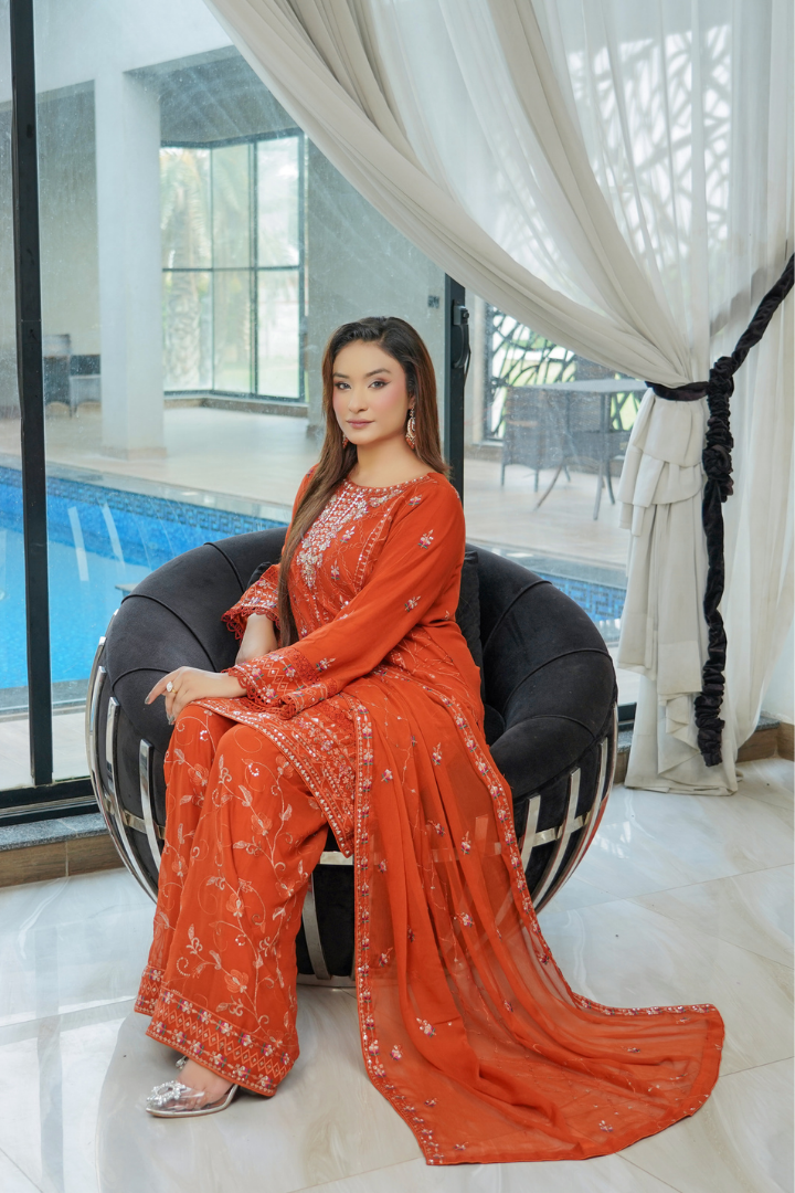 Agha Noor Shein Chiffon Ready to Wear Collection 2026 | Rust