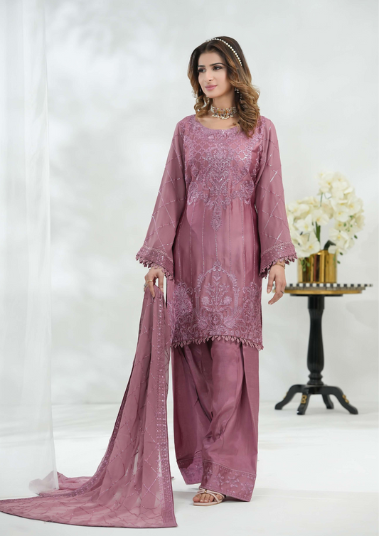 Shanse Silk Embroidered 3PCS Ready-to-Wear Farshi Shalwar | Tea Pink