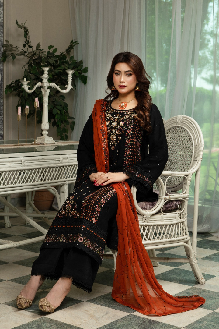 Agha Noor Qurbat Chiffon Handwork Ready to Wear Collection 2026 | Black - Mirha Fashion