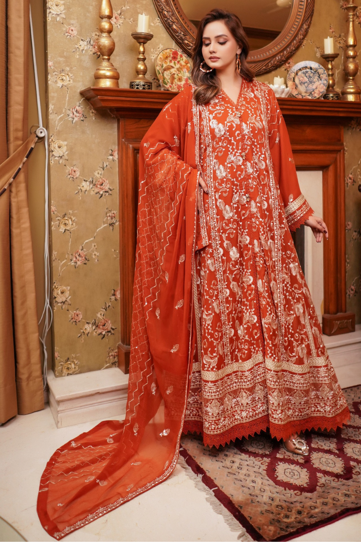 Aghanoor Afsanaay Chiffon Gown 3PCS Ready to Wear Collection | Rust
