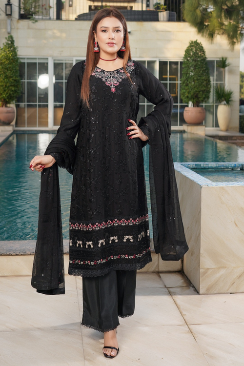 Aghanoor Dhaagakari Chiffon 3PCS Ready to Wear Collection | Black - Mirha Fashion