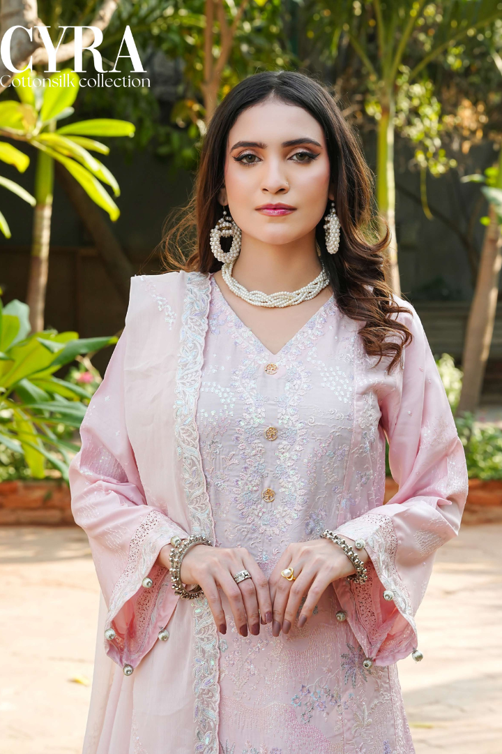 Shaanse Cyra Cotton Silk 3PCS Ready to Wear Collection Dec-2025 | Pink - Mirha Fashion