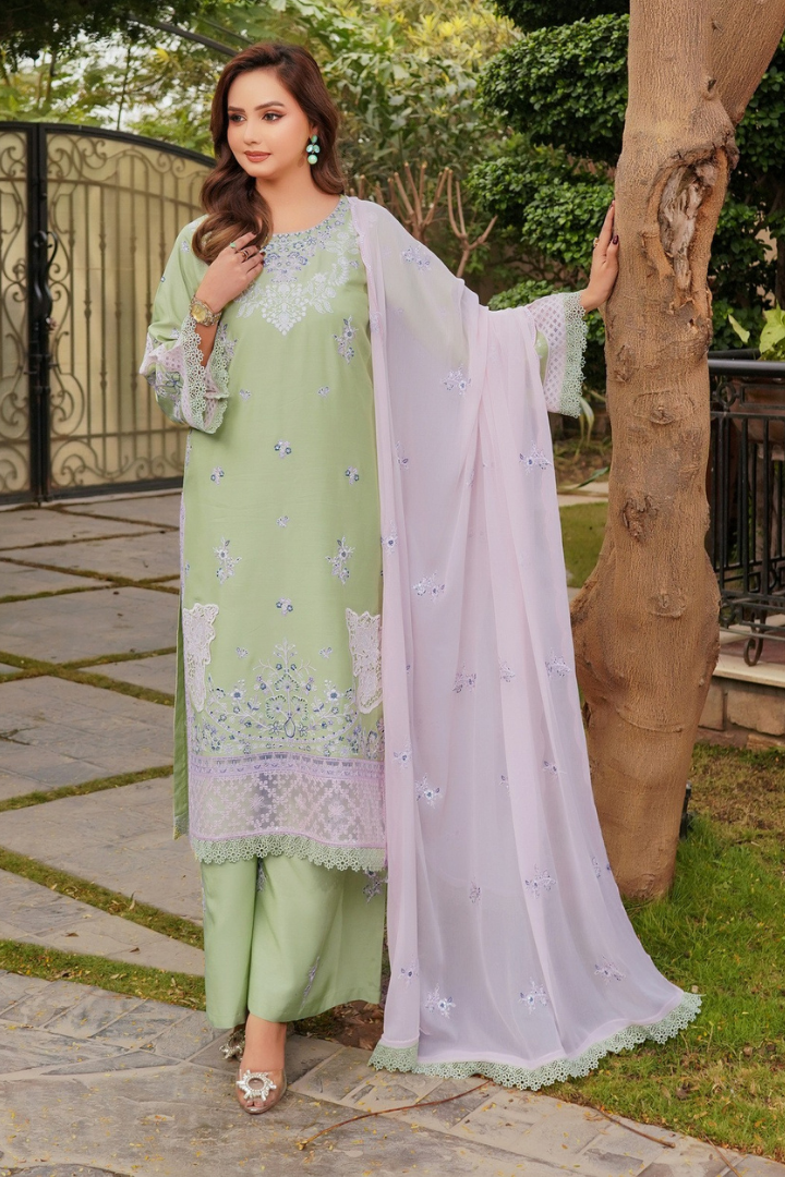 Shaanse Cyra Vol-2 Cotton Silk 3PCS Ready to Wear Collection Jan-26 | Light Green