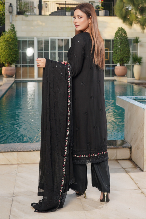 Aghanoor Dhaagakari Chiffon 3PCS Ready to Wear Collection | Black - Mirha Fashion
