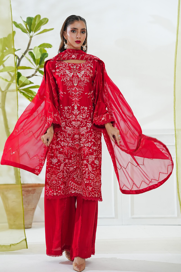 Shaanse Mehroo Cotton Silk 3PCS Ready to Wear Collection Jan-26 | Red