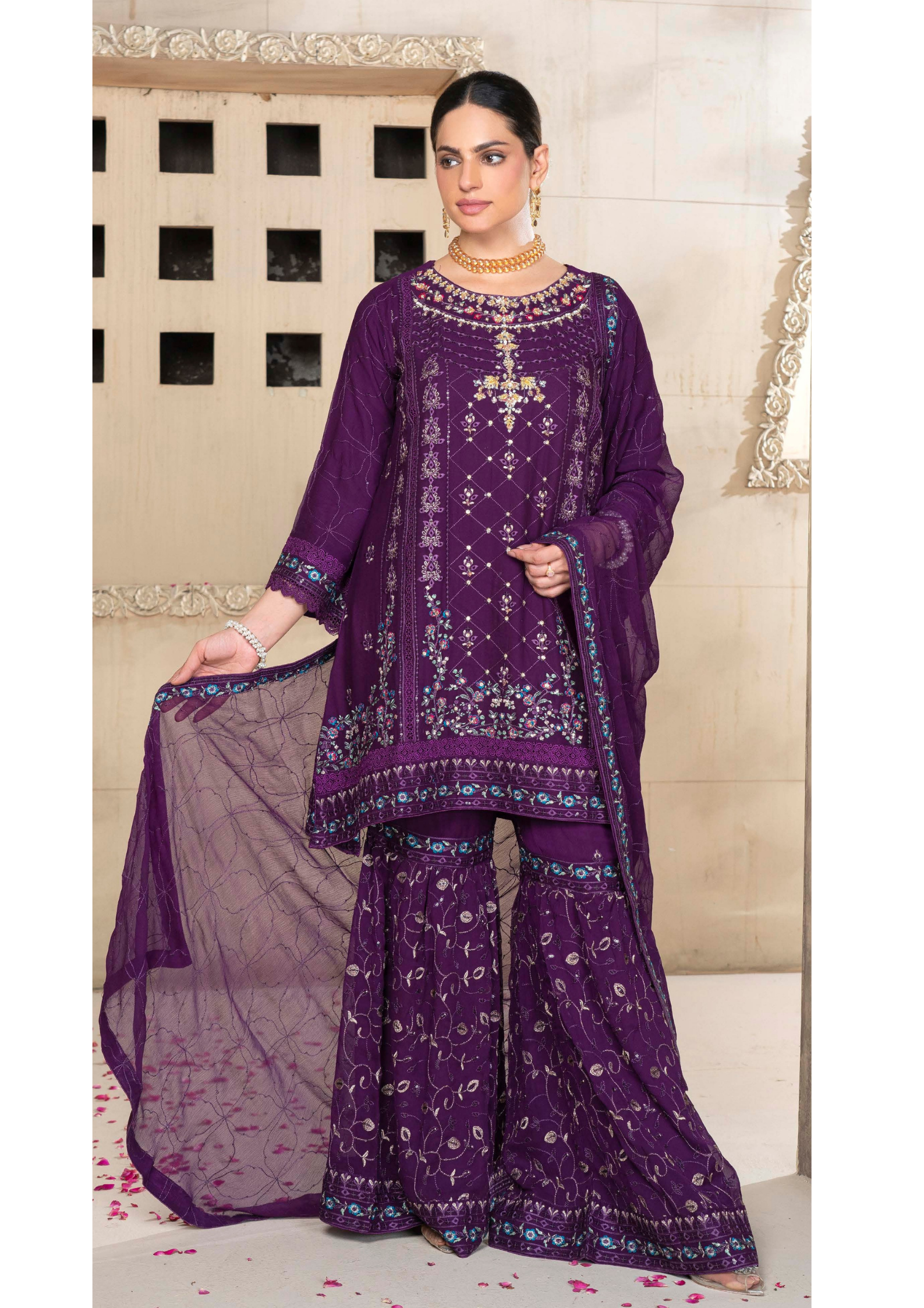 Agha Noor Chiffon Gharara Roshni Ready to Wear Collection 2025 D06 | Purple